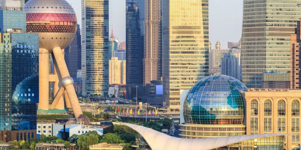closeup of the shanghai lujiazui financial center at dusk  ,China